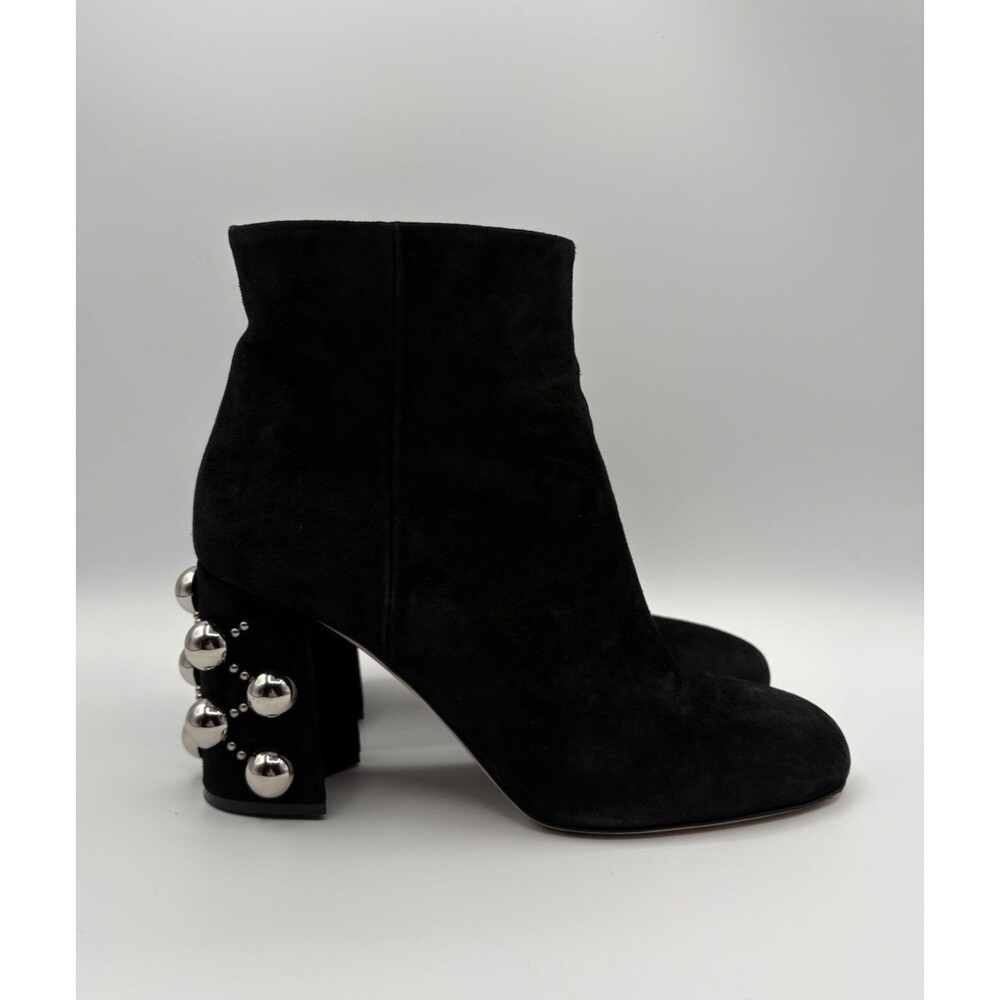 Miu Miu Black Suede Ankle Boots with Silver Orb Heel